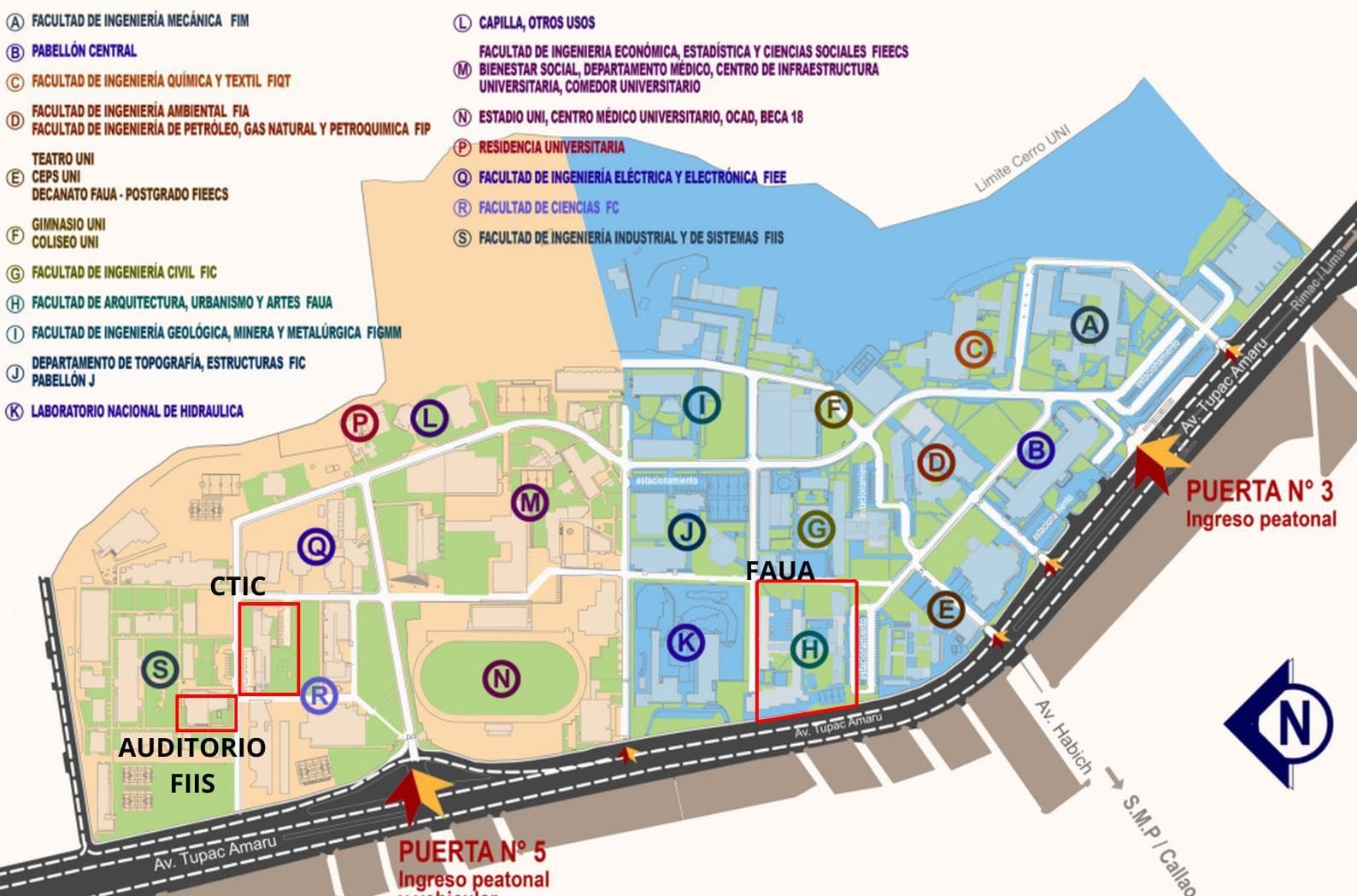 Plano de la UNI: FAUA junto a la avenida Túpac Amaru; auditorio FIIS y CTIC hacia el ingreso peatonal de la puerta 5